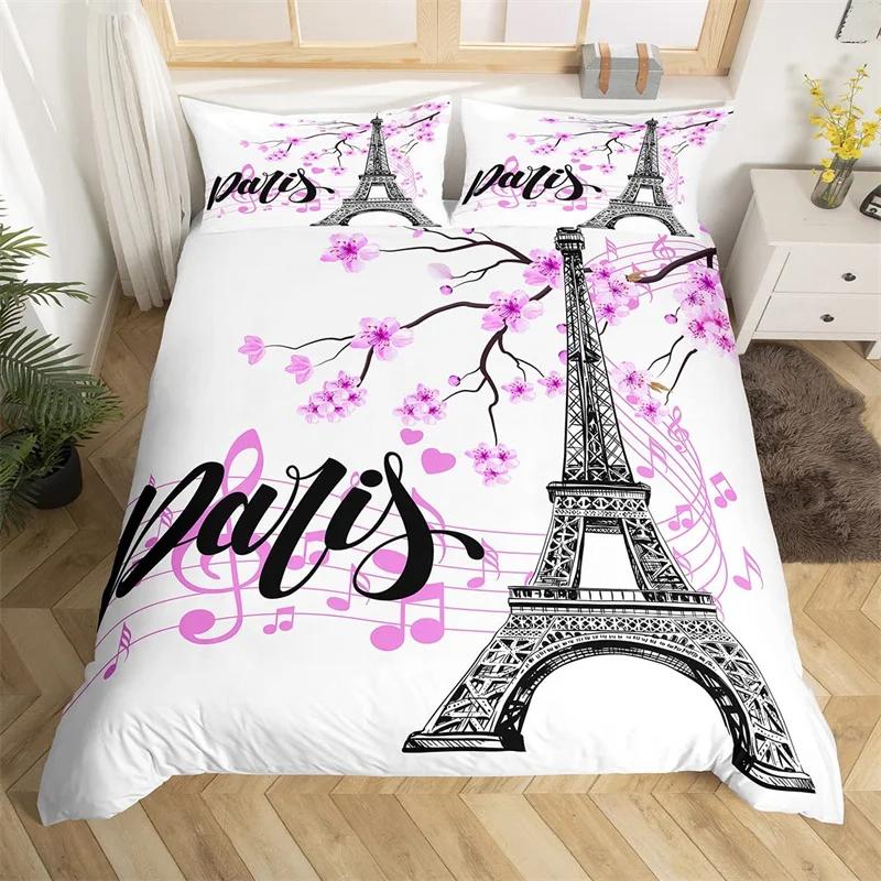 Paris Eiffel Tower Duvet Cover Set Twin King Cherry Blossoms Comforter Cover Microfiber Romantic Theme Bedding Set For Girl Teen