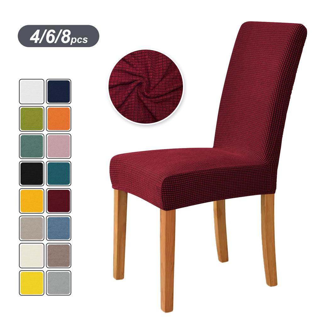4PCS Stretch Dining Chair Covers Feature Textured Checked Jacquard Fabric High Back Chair Slipcover Thick Chair Protectors