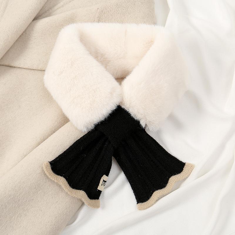 Winter Scarf Women Warm Thicken Solid Color Faux Rabbit Fur Plush Cross Collar Shawl Elegant Warm Soft Comfortable Scarf