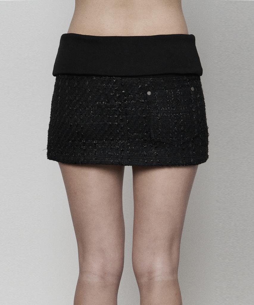 Etosome Rib Hoodie Pocket Tweed Skirt ( Black )