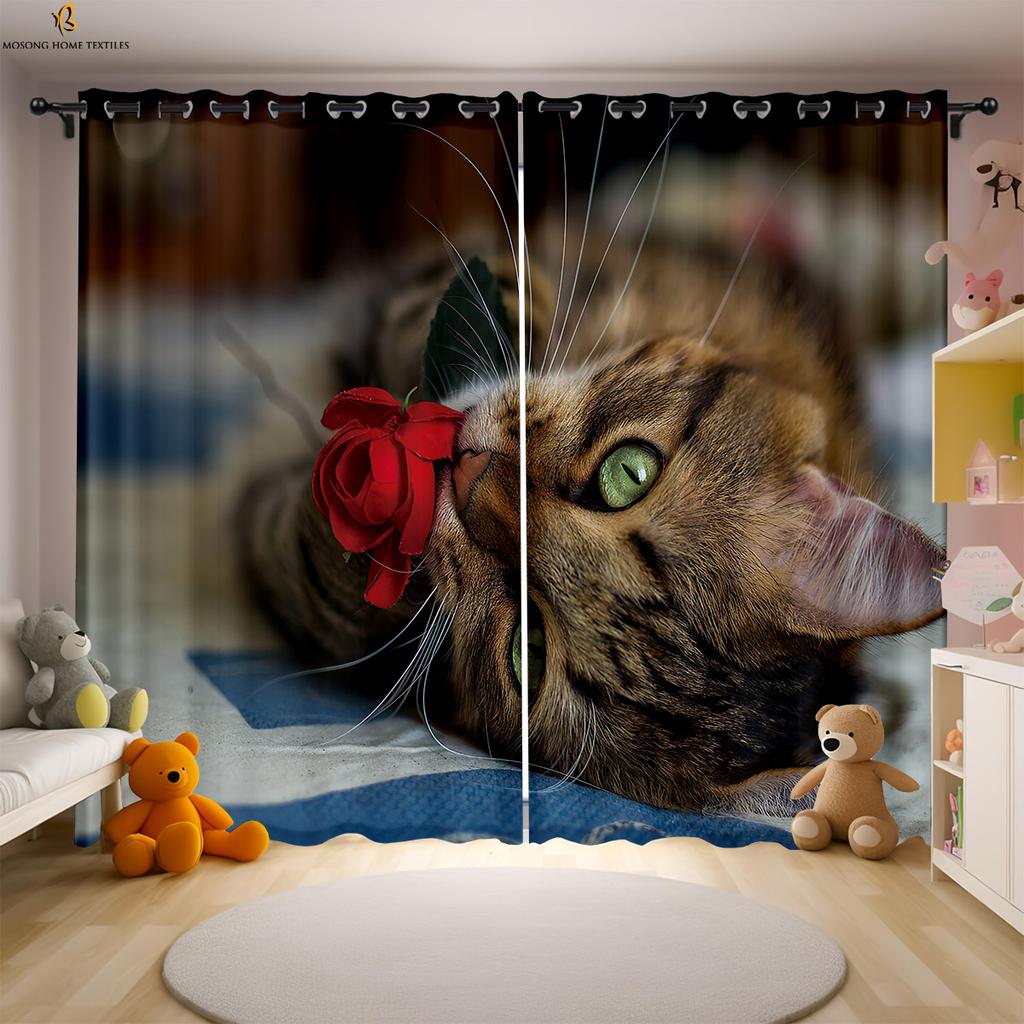 Cat Cartoon Printed Curtains Polyester Bedroom Living Room Kids Window Decoration Curtain Set Of 2 Made Washable Sitting Ready
