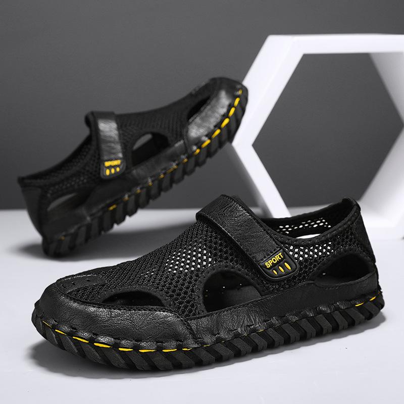 

Hand-stitched men s shoes outdoor casual shoes buckle flat-soled leather shoes summer low-top large-size cross-breathable mesh shoes men 38 чорний