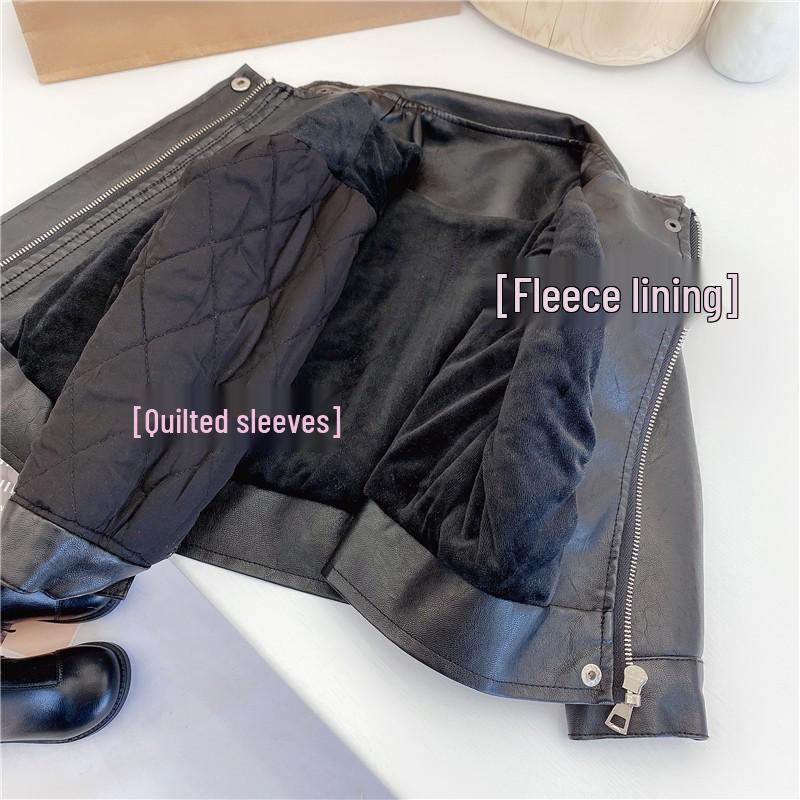 

Девичья осенняя уличная кожаная куртка - корейская крутая зимняя куртка на флисовой подкладке 120cm