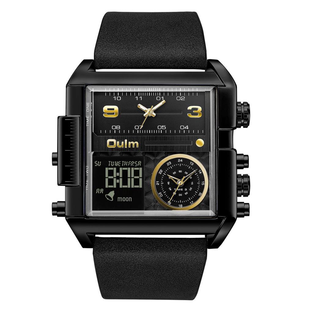 Oulm Men's Square Dial Waterproof Sport Watch with Multifunctional Features and Gold Leather Strap