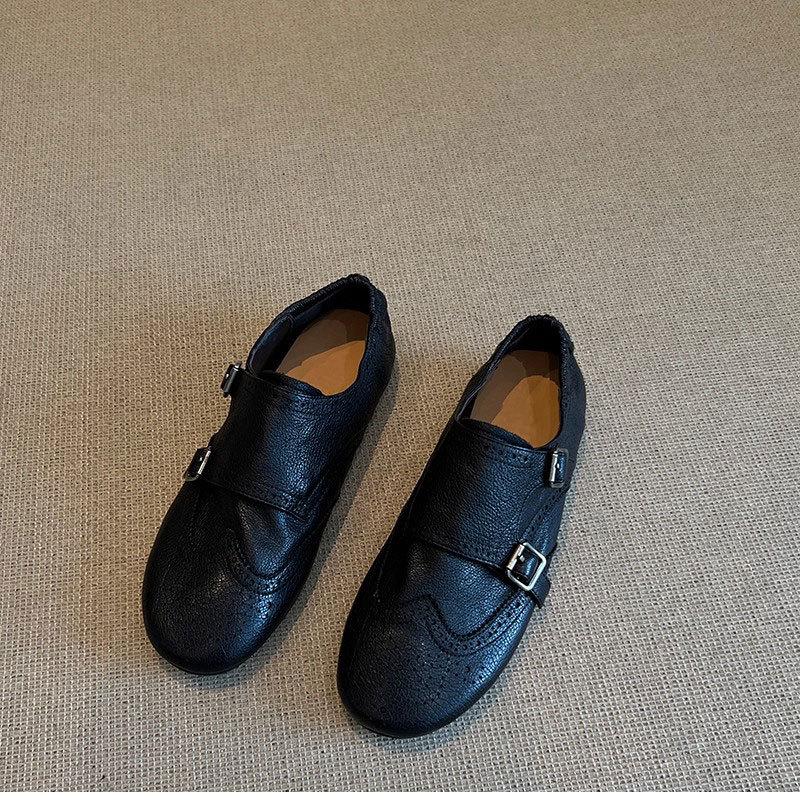 In Stock: Retro British Style Women's Genuine Leather Brogues – Carved Belt Buckle Loafers