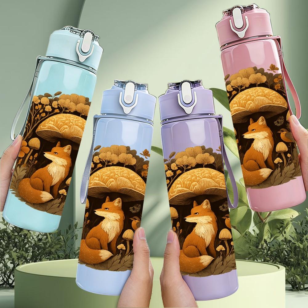 1PC Mushroom Forest Fox Art 750ml Color Plastic Sports Water Bottle Leakproof Flip Straw Lid Suitable for Sports Office Home Use