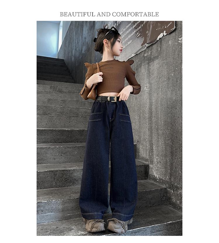 Winter 2025 Girls' Fleece-Lined Wide-Leg Jeans - Warm, Solid Color, Casual Long Pants