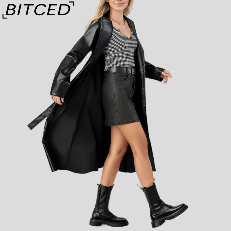 BITCED Langer Trenchcoat im Bademantelstil, Frühling/Herbst Knitterarm Modische Damenlederjacke, Ledermantel