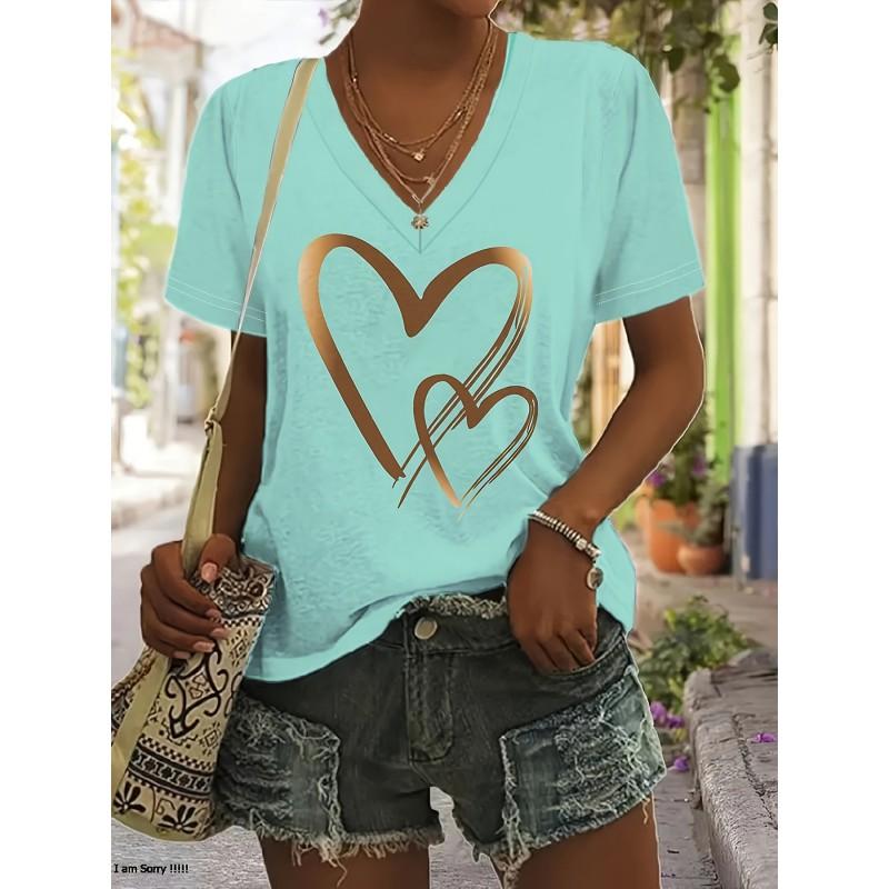 Womens V-Neck Short Sleeve T-Shirt Loose Fit Casual Print Top Slimming Elegant Basic Tee