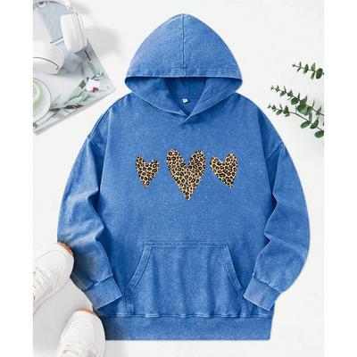 Leopardenmuster Love Druck Gewaschene Hoodies Damen Baumwolle Hip Hop Streetwear Mode Bequemer Kapuzenpullover Oversized