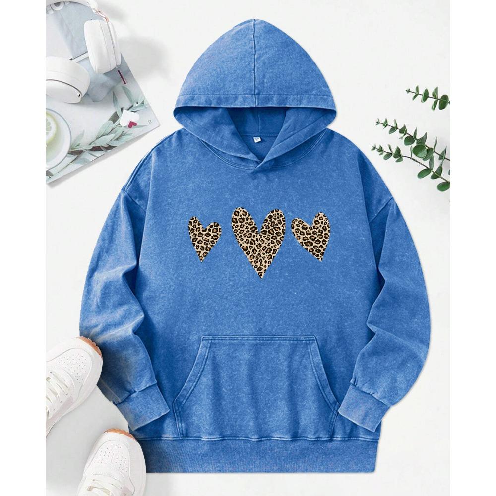 Leopard Print Love Printing Washed Hoodies Women Cotton Hip Hop Streetwear Fashion Comfortable Hoody Oversized