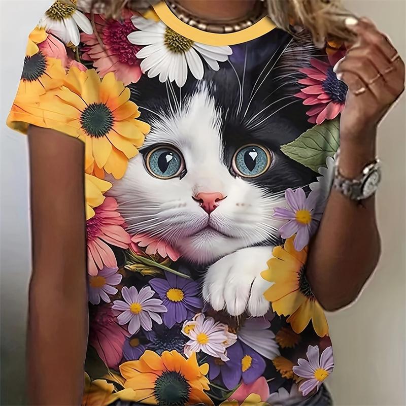 

Новые футболки с 3D принтом кошек для женщин, летняя модная уличная футболка с круглым вырезом и короткими рукавами для девочек, красивая футболка, женская одежда 3XL