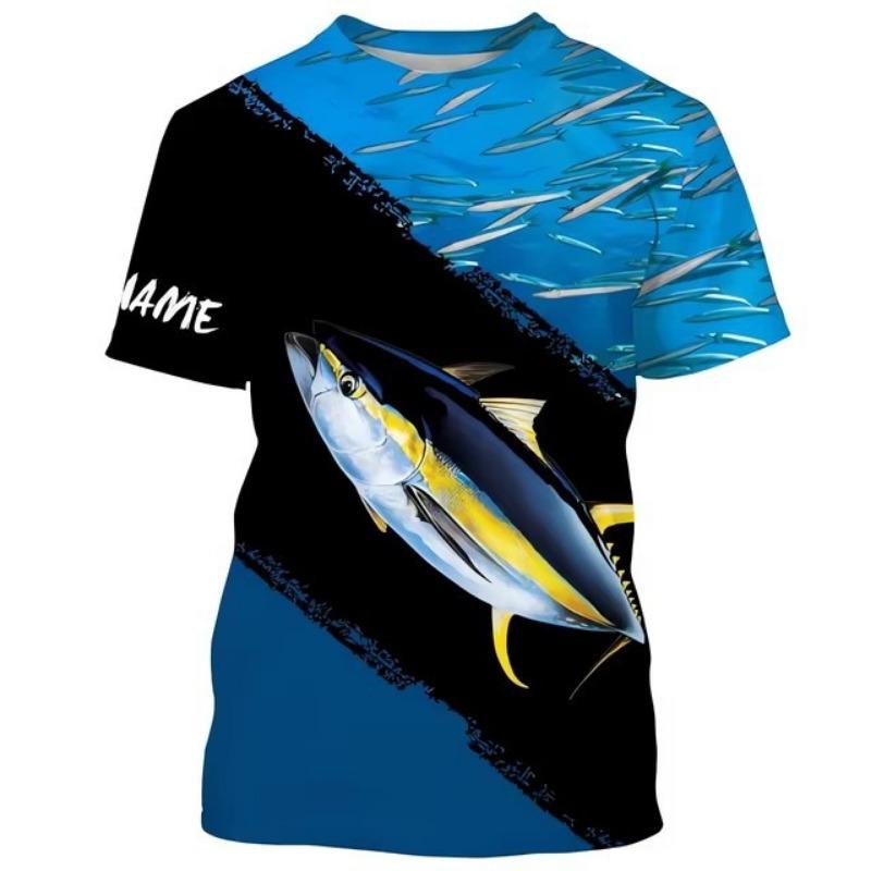 Fish Print Men's Outdoor Fishing Suit Casual Round Neck T-shirt Harajuku Short Sleeved Shirt