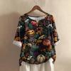 Top Casual da Donna a Manica Media Girocollo con Stampa di Halloween in Cotone e Lino