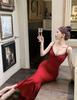 Sweet Spice Girl Robe Red Suspender Dress Birthday New Temperament Splicing Lace Waist Long Dress Fishtail Dress