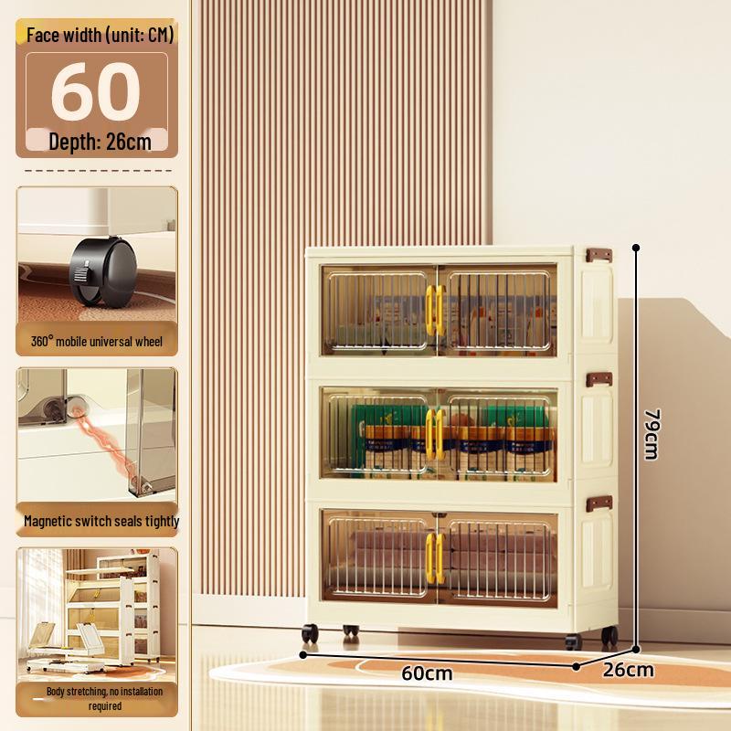 40-60cm Wide Transparent Foldable Double Door Floor Storage Cabinet with Multiple Layers