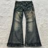 American Trendy Y2K Harajuku Retro Pattern Embroidery Washed Blue Jeans Women's Street Fashion Slim Pants