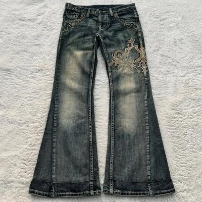 American Trendy Y2K Harajuku Retro Pattern Embroidery Washed Blue Jeans Women's Street Fashion Slim Pants