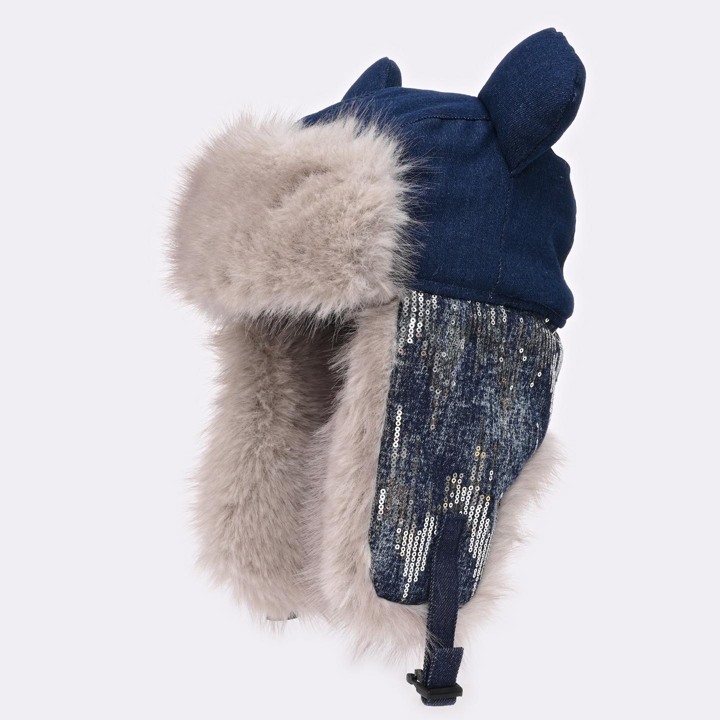 

Большие уши милая шапка женская зимняя утолщенная плюшевая с пайетками джинсовая хлопковая шапка для велоспорта от холода влагоотводящая average size