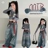 Mädchen 2026 Herbst 3D-Druck Zweiteiliges Set: Langarm-Oberteil & Weite Jeanshose