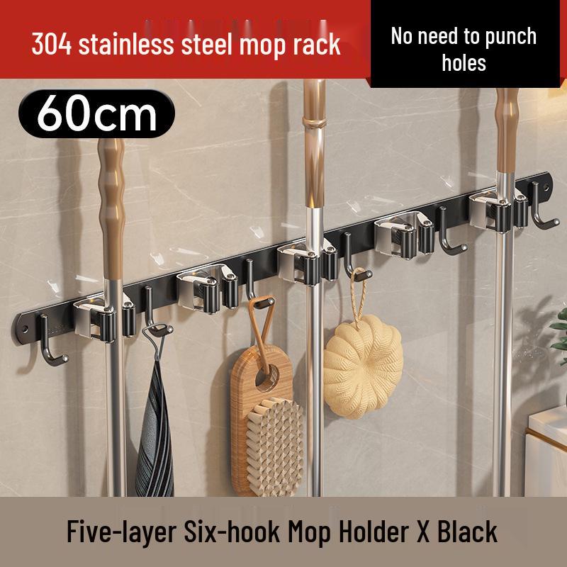 Stainless Steel Seamless Mop and Broom Storage Rack for Bathroom/Balcony Hook