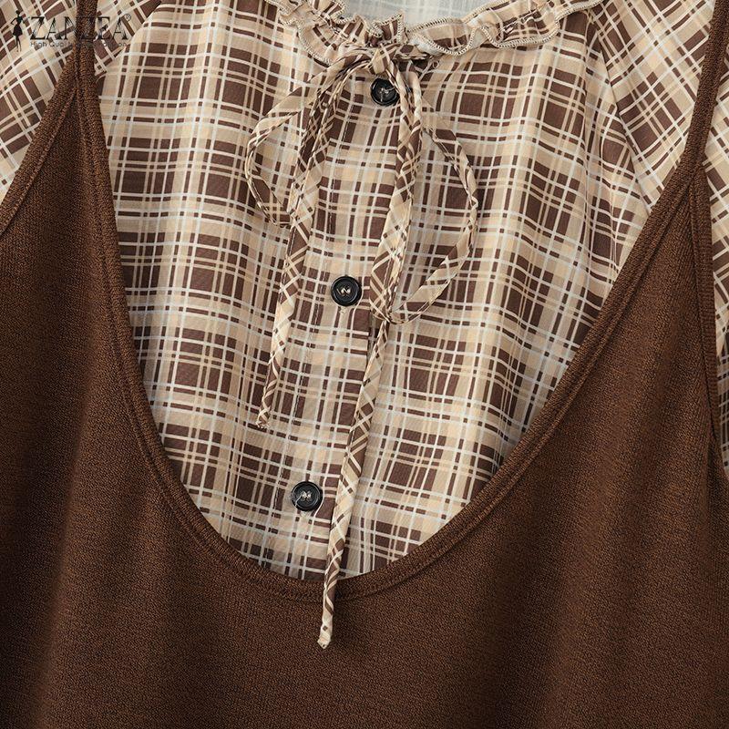 ZANZEA Damen Karo Druck Lässige Rundhals Langarm Bluse