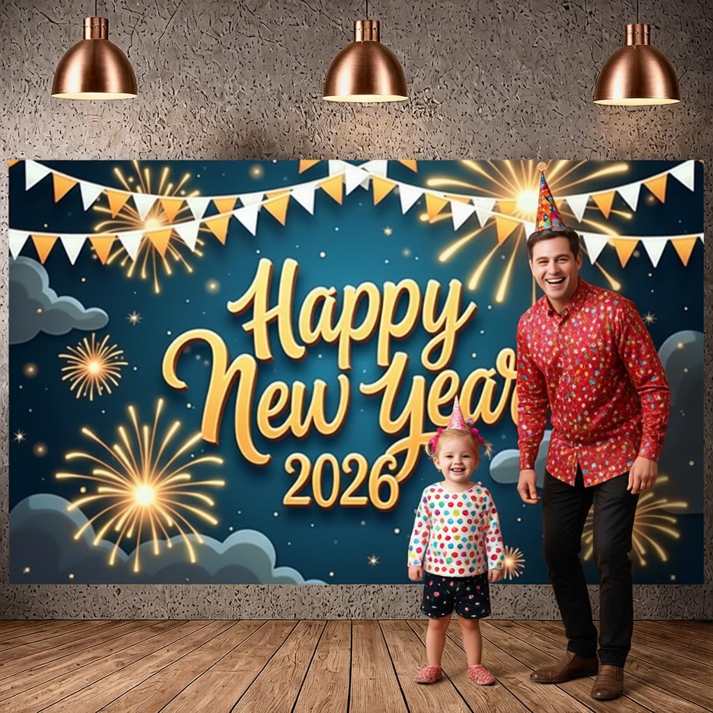 New Year Decor Banner Pattern Festive Display Holiday Background Gold Lettering Year Celebration Backdrop For New Year Eve