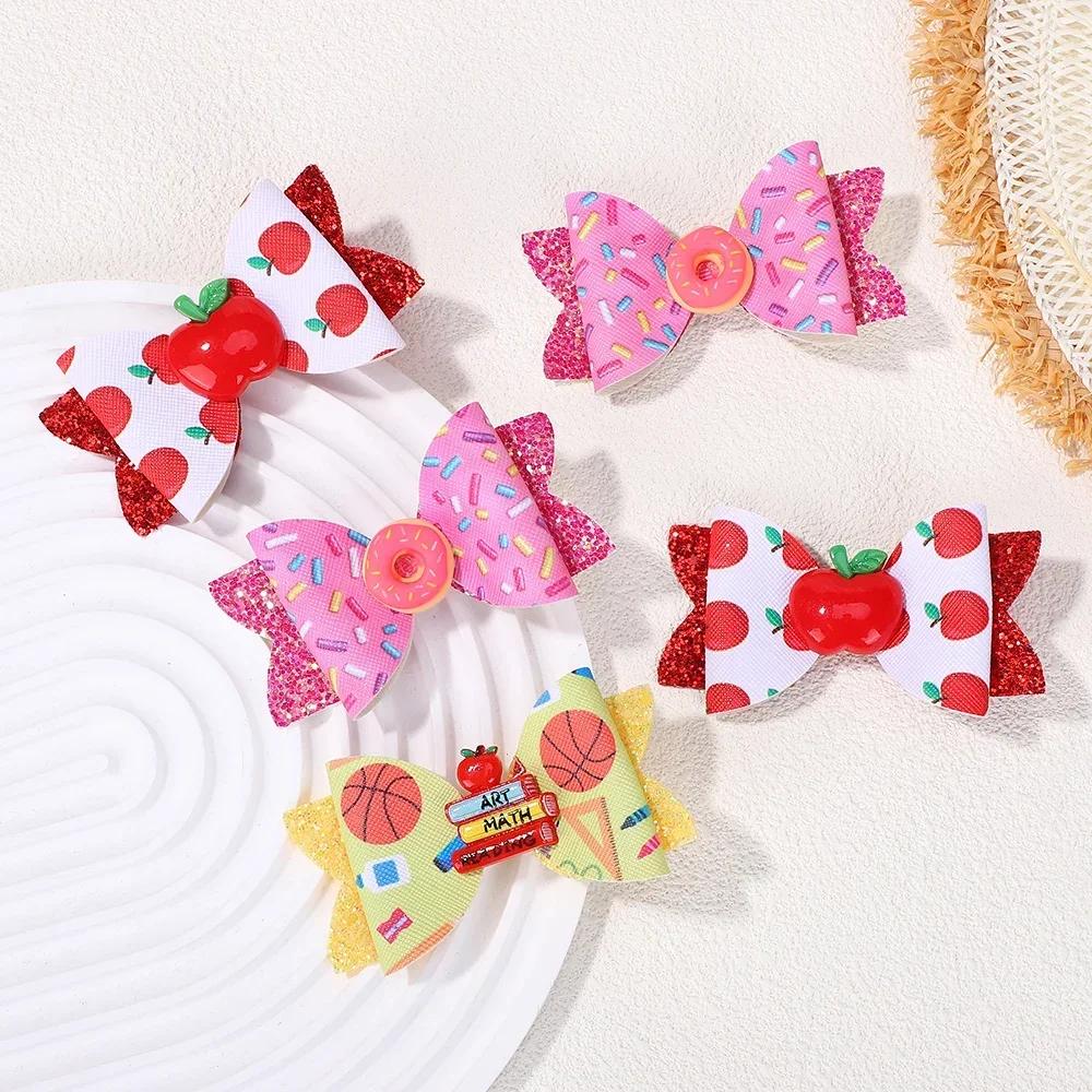 2pcs/set Sweet Back To School Hair Bows Clip for Girls Cute School Bus Hairpins Ribbon Print Pencil Barrettes Boutique Headwear