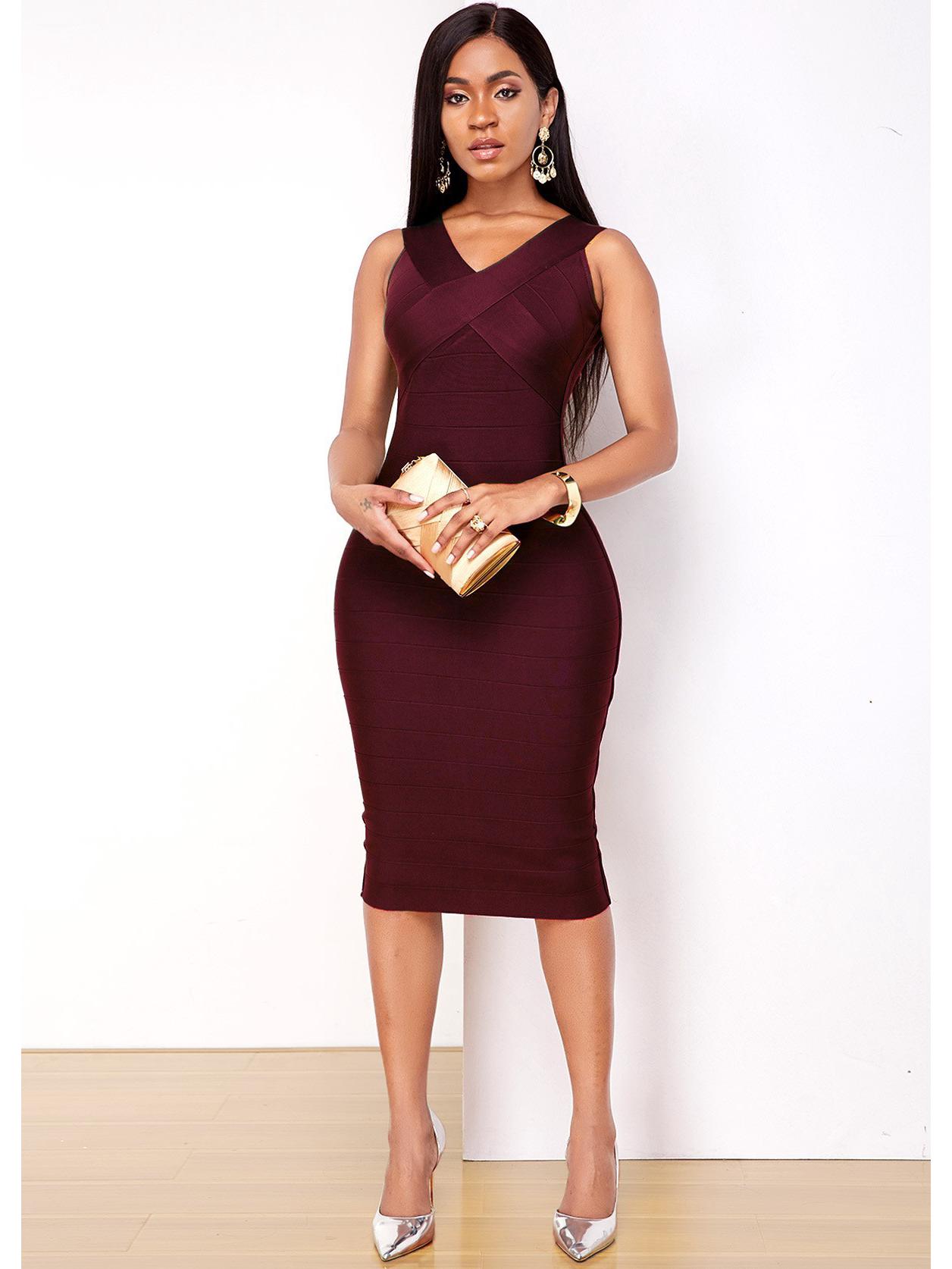 

Green V-neck Bodycon Bandage Dress for Parties Small