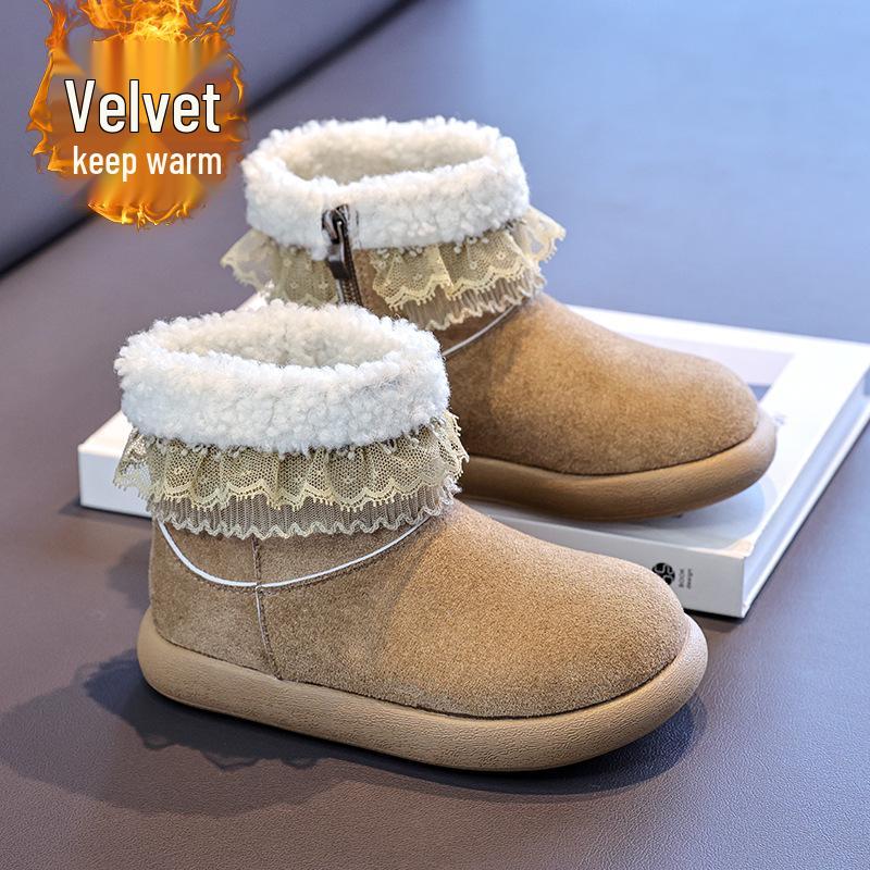 Girls  Warm Lace Trim Plaid Snow Boots with Bow - 2025 Winter Collection Size 30, 18.6 cm хаки