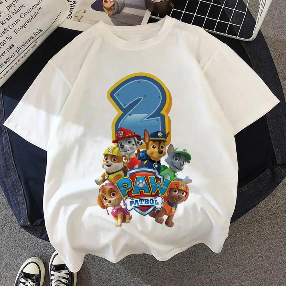 Paw Patrol Birthday Number Tee Shirt Baby Summer Cotton T Shirt Boy Girl Chase Skye Printed Kid Clothes Cartoon Letter Tops Gift