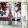 Paris Eiffel Tower Shower Curtain - Red Filtered Photo Art, Leafy Branches, Autumn Hues, Water-Resistant Polyester