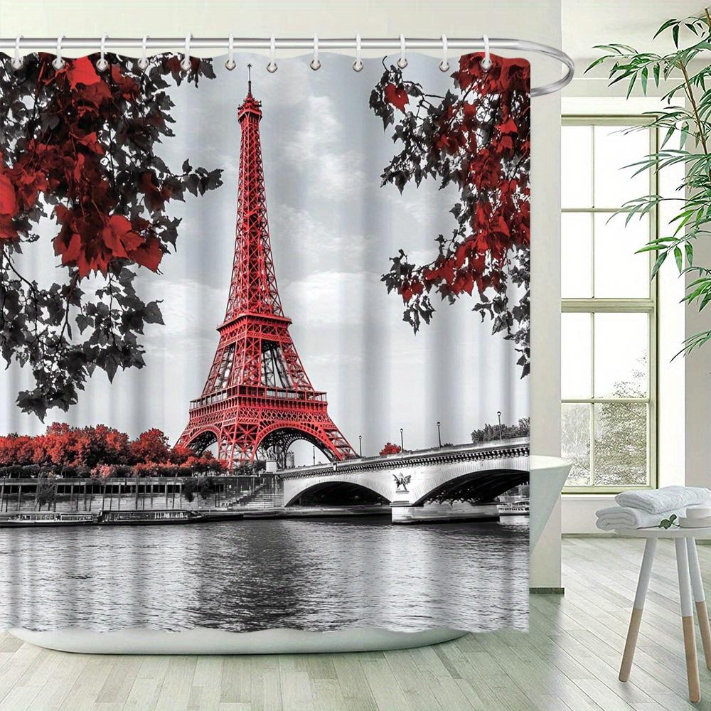 Paris Eiffel Tower Shower Curtain - Red Filtered Photo Art, Leafy Branches, Autumn Hues, Water-Resistant Polyester