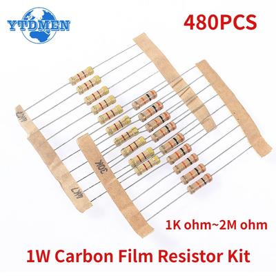 480pcs/set 1W Resistors Assortment Kit, 48 Values*10pcs 1K ohm~2M Ohm 5% Carbon Film Resistor Set, DIY Electronic Components Kit