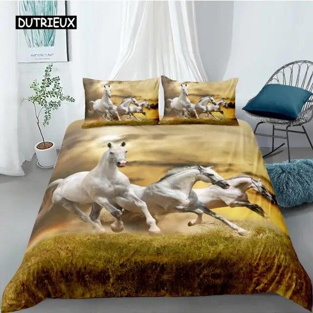 Horse Duvet Cover Set Twin King Size Galloping Steed Bedding Set Microfiber 3D three piece set Farm Animals Rustic Country Style Comforter Cover