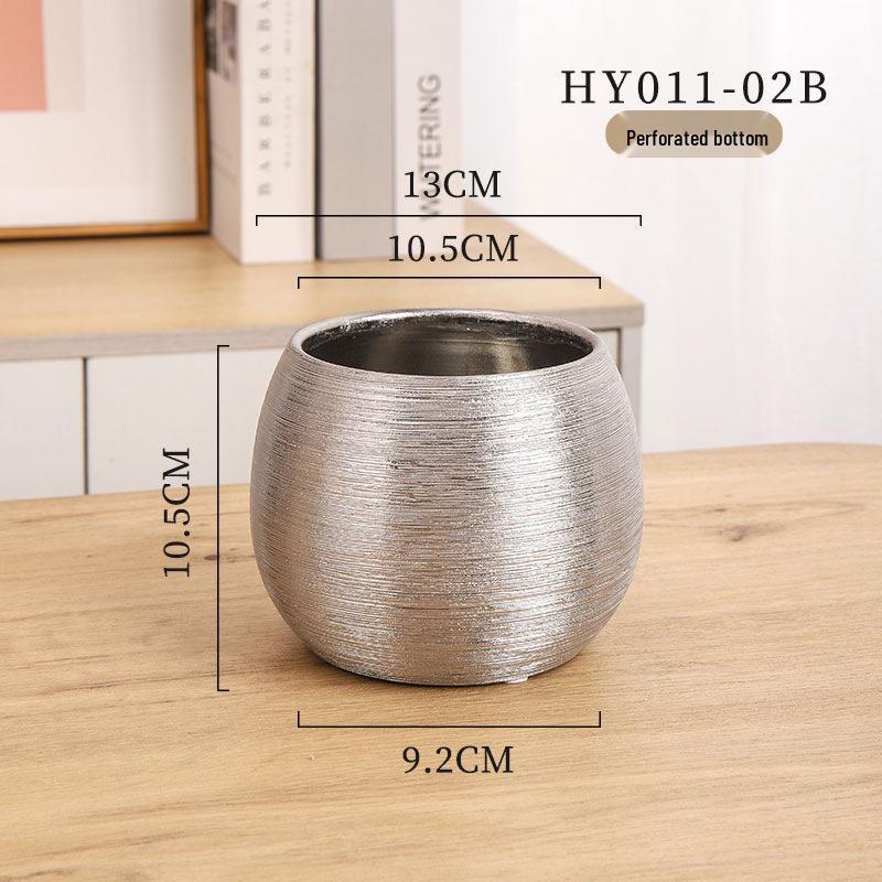 European Style Gold-Plated Ceramic Succulent Pot - Round Brushed Vase for Living Room Decor