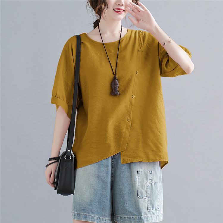 

MOJTA Летняя свободная однотонная блузка большого размера с короткими рукавами и пуговицами, женский топ one size жёлтый