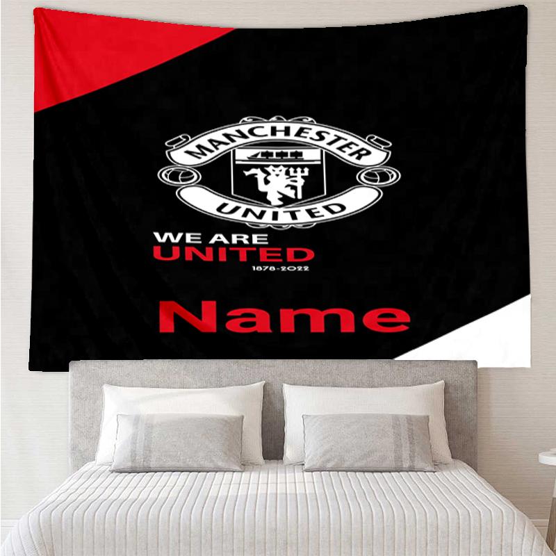 Custom Name Manchester United Print Tapestry, Backdrop, Easy Setup, Ideal for Bedroom, Office & Living Room, with Aesthetic Wall Hanging Decor.