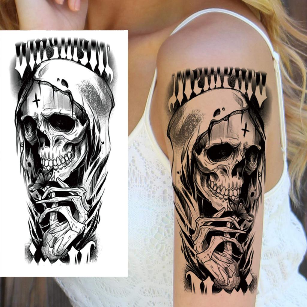 1 Sheet Death Skull Lion Temporary Tattoos For Men Women Adults Fake Wolf Skeleton Tattoo Sticker Sleeve Black Zeus