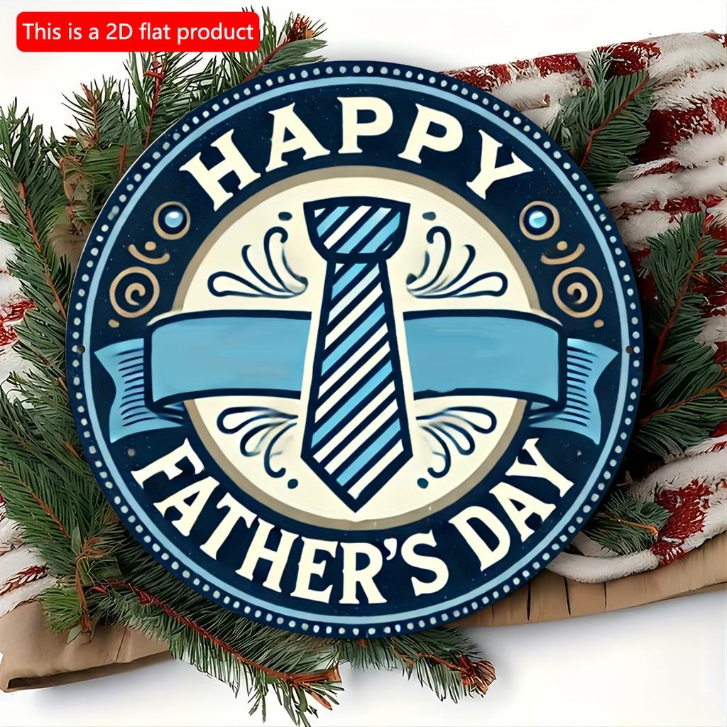 2D Flach 20*20cm Retro Holz Vatertagskranz, Rundes Wandbild Entworfen mit "Happy Father's Day", Blaue Krawatte und Dekoration, für Garten, Schlafzimmer, Café.