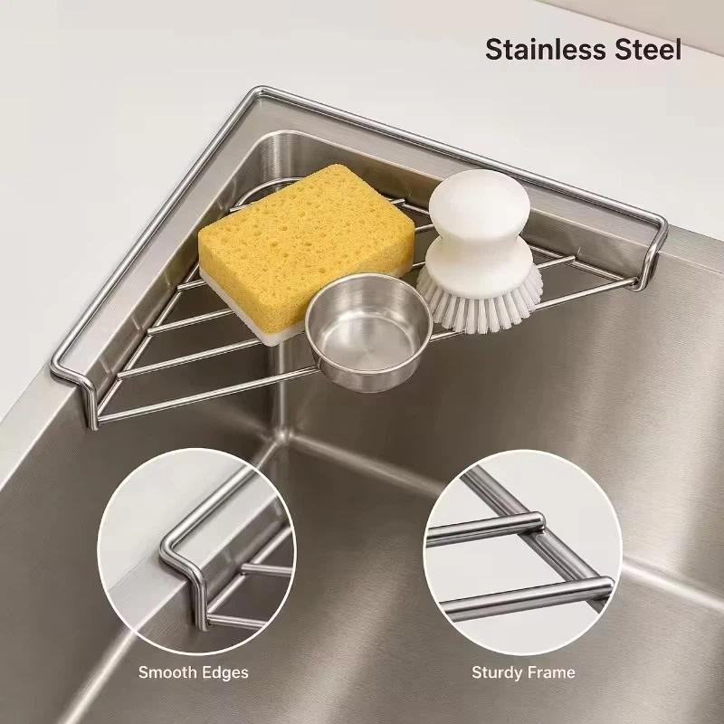 Sink Drying Rack 201 Stainless Steel Rustproof Triangle Kitchen Storage Organizer Corner Drain Basket for Utensils