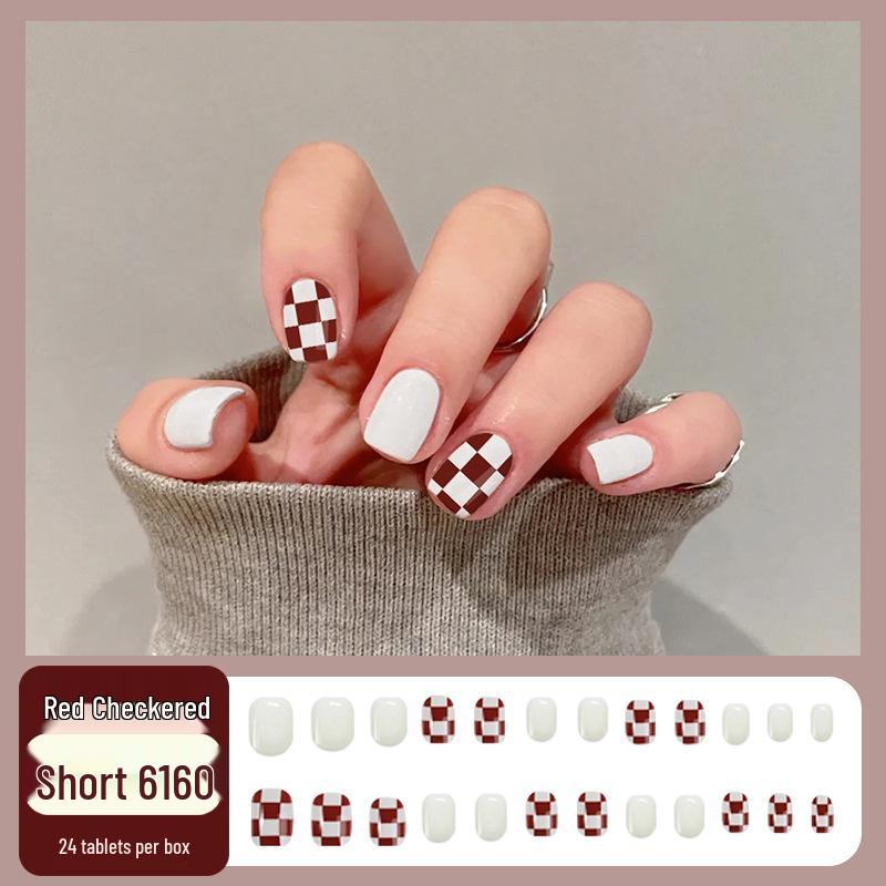 

Европейский стиль Клетчатые Съемные Накладные Ногти - Короткие, Носимые, Белые Наклейки для Нейл-арта Red Checkered with Glue