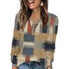 Women's Fashion V-Neck Button-Up T-Shirt With Patchwork Print Long-Sleeved Top