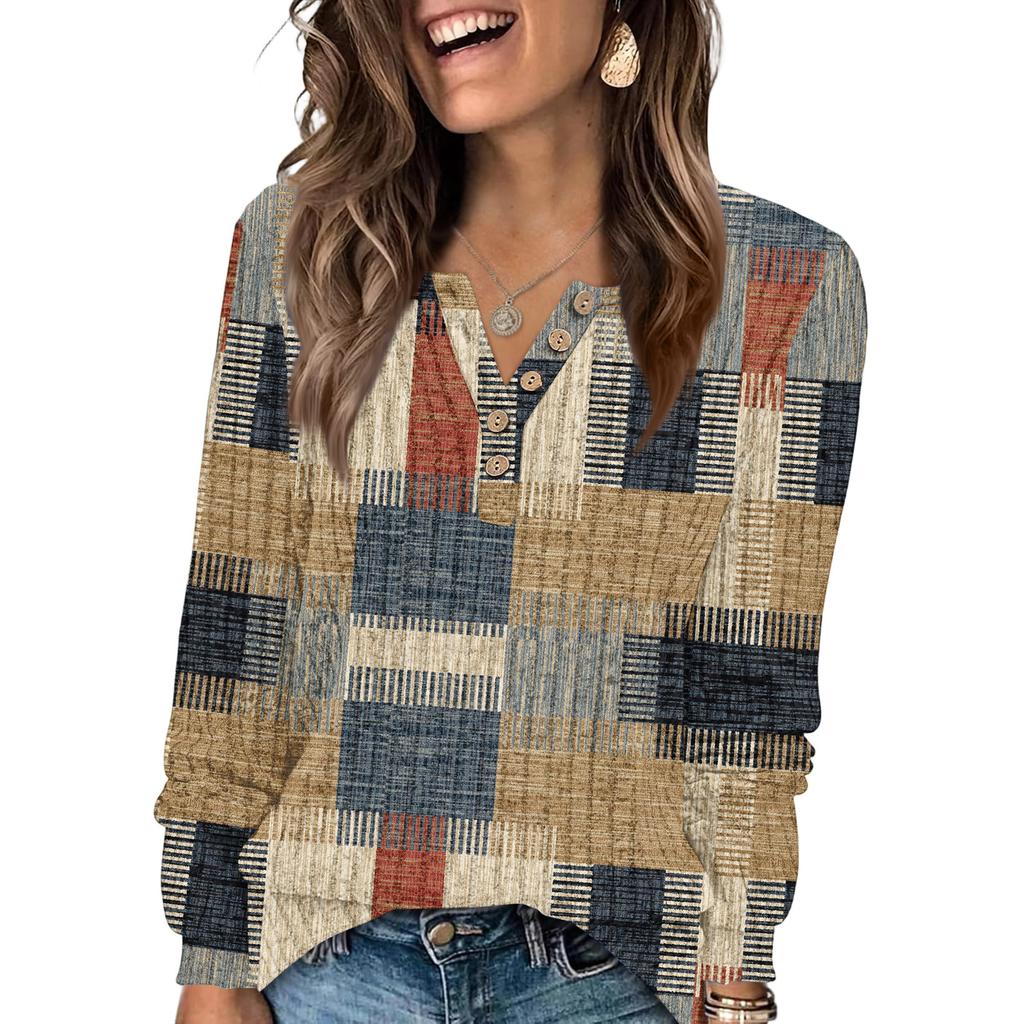 Women's Fashion V-Neck Button-Up T-Shirt With Patchwork Print Long-Sleeved Top