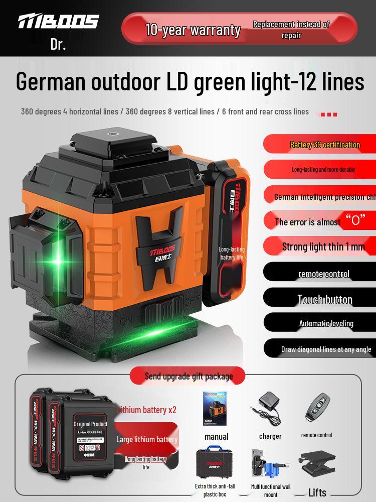 Nível Laser Infravermelho Automático de Alta Precisão de 12 Linhas para Uso Interno/Externo