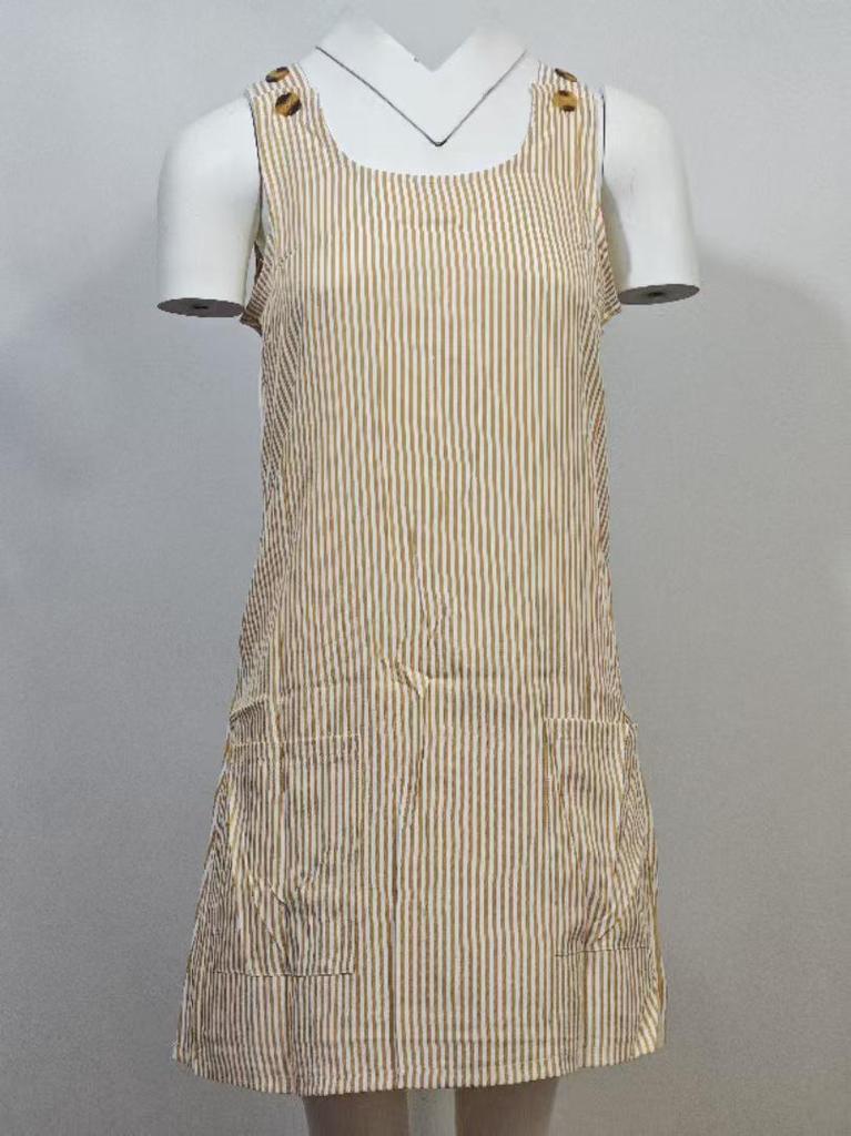 Striped Pocket Button Dress with Suspender and Short Skirt