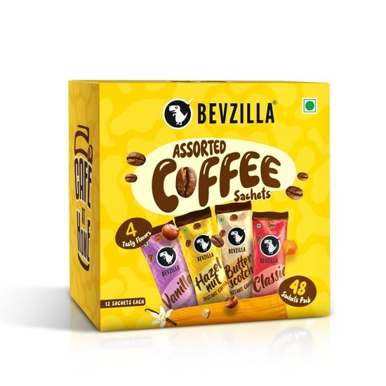 Bevzilla 48 Instant Coffee Powder Sachets (4 Flavours) - 96 Grams | Hazelnut, Classic, Vanilla & Butterscotch | 12 Pouches Each Flavour