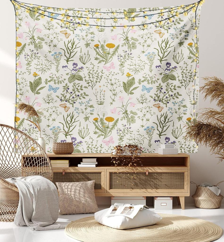 Fall Tapestry, Vibrant Misty Day in Forest Sun Rays Trees Foliage Fallen Leaves Calm View, Wide Wall Hanging for Bedroom Living