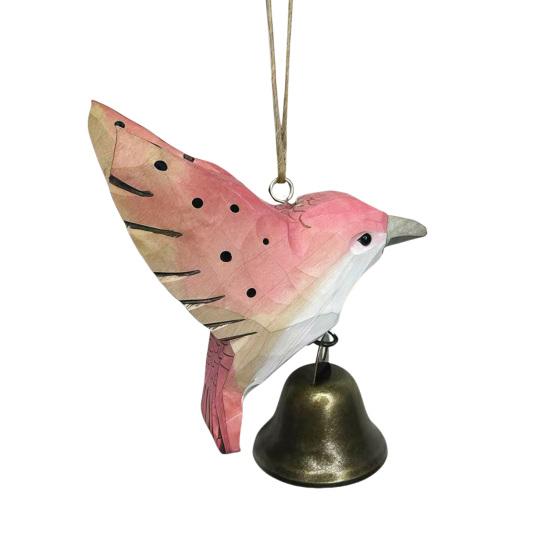 Wood Carving Hummingbird Ornament with Tree Stump/Bell Handcrafted Bird Figurine Statue Sculpture