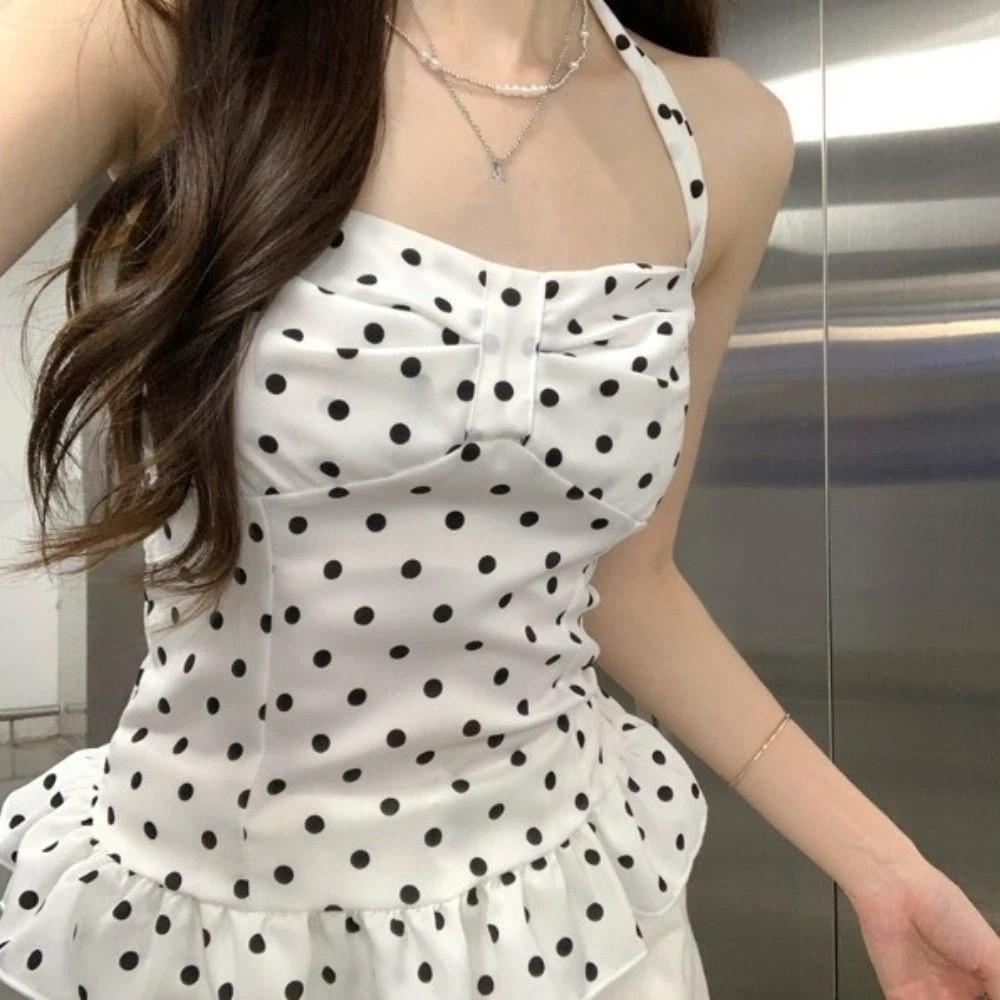Lace Up Halter Ruffle Vest Top Slim Fit Women Camisole Comfortable Y2k Dot Crop Top  Female